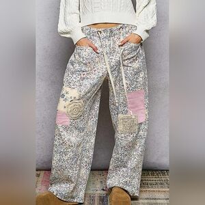 POL Floral Patchwork Wide Leg Pants in Cream, Pink, Blue